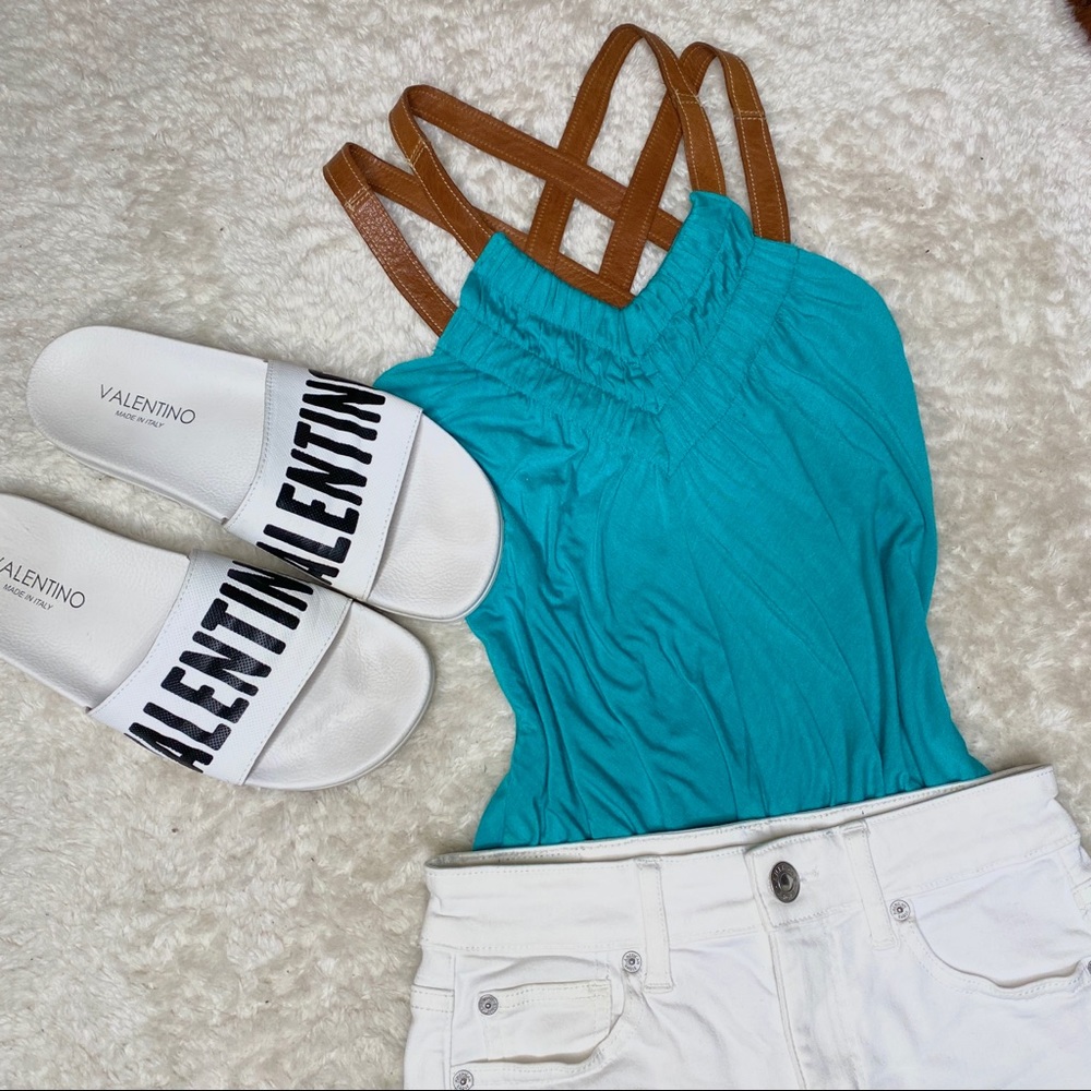 RARE Y2K Akiko Stretchy Aqua Green Leather Strap Tank